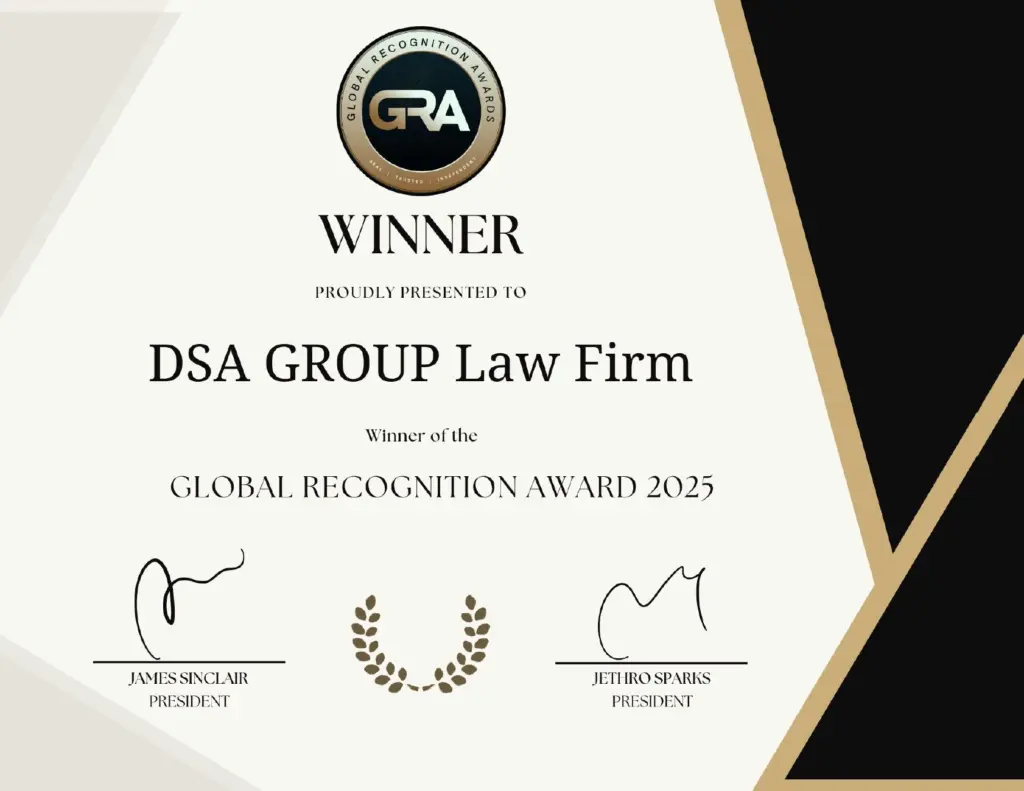 Global Recognition Award 2025: диплом переможця DSA GROUP Law Firm