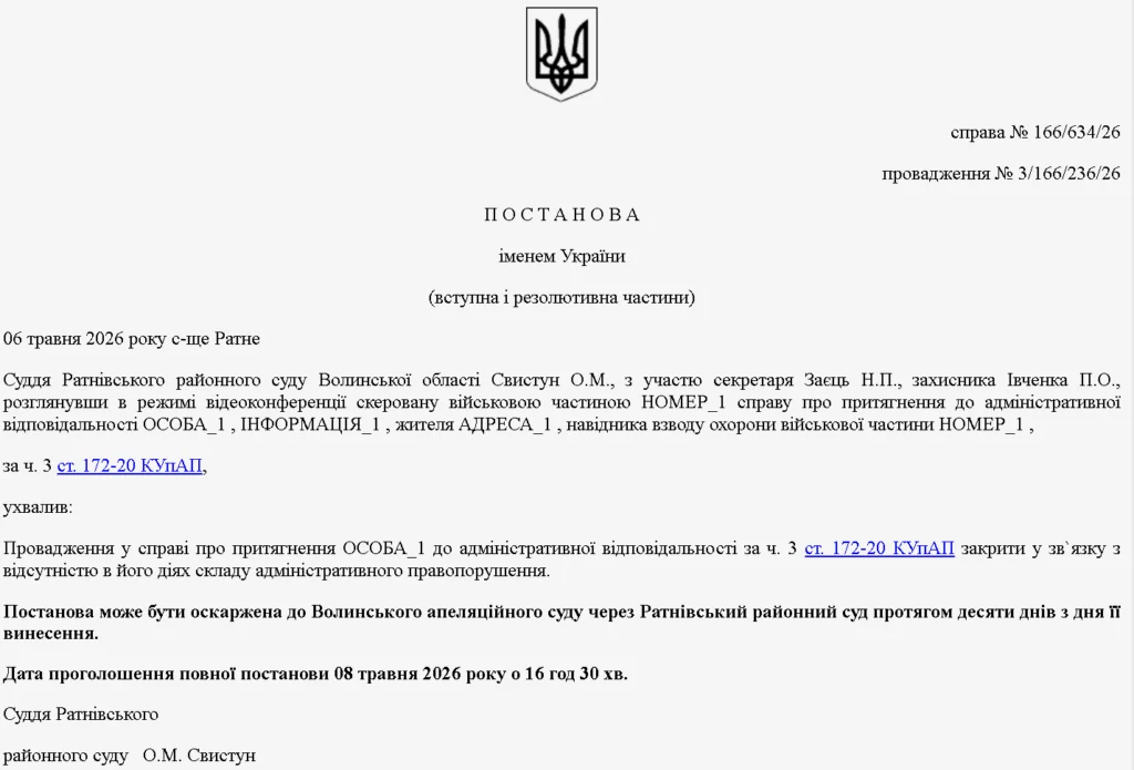 Справу військовослужбовця за ч. 3 ст. 172-20 КУпАП закрито: огляд на сп’яніння провели з порушеннями, і суд визнав його висновок недійсним.